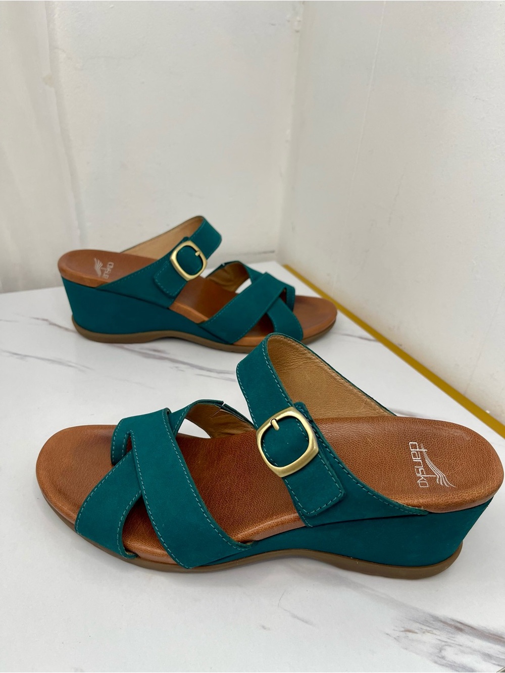 Dansko Teal Aubree Wedge Slide Sandals with Gold Buckle Sz 41/ NWOT